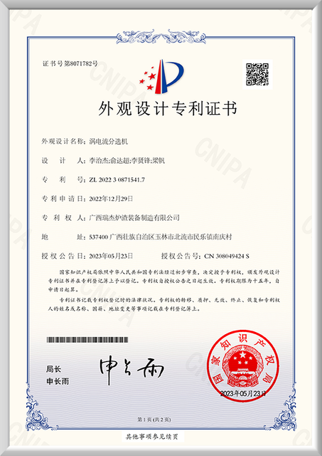 Patent Certificate of Magnetic Separation Equipment